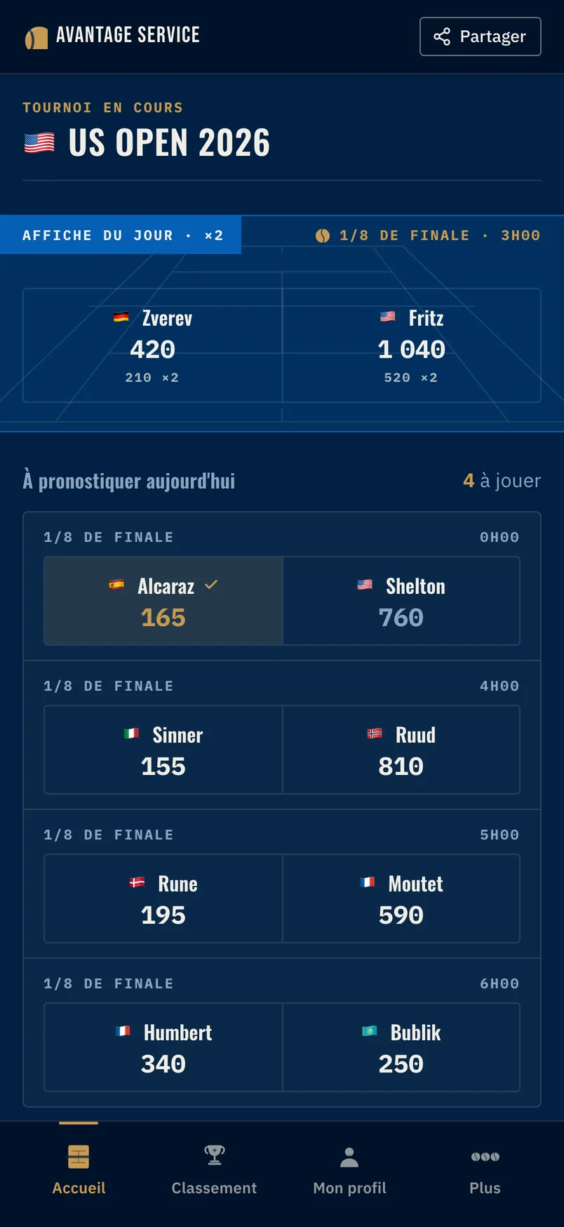 L'accueil du jeu sur un téléphone : le Challenge du jour, l'Affiche du jour avec ses points doublés, et les matchs à pronostiquer.
